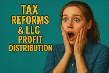 A surprised woman reacts with shock to the phrase “Tax Reforms & LLC Profit Distribution” displayed in bold yellow pop-art text on a teal background, creating a vibrant and attention-grabbing comic-style visual